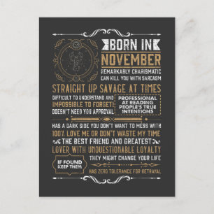 Funny Born In November Birthday Scorpio Zodiac Sig Postcard