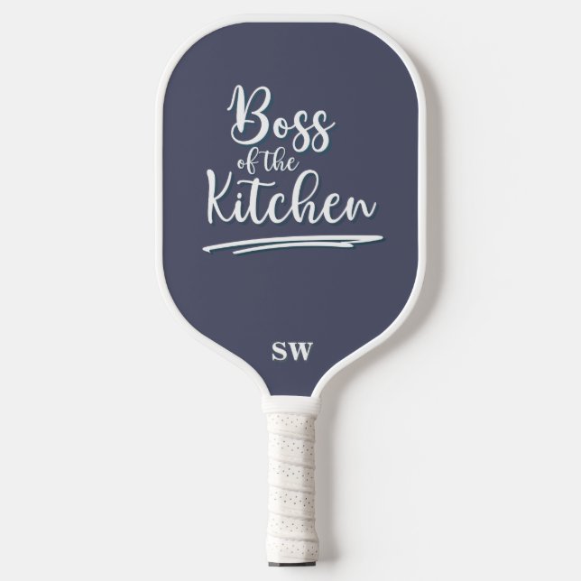 Funny Boss of the Kitchen Grey White Elegant Pickleball Paddle (Front)