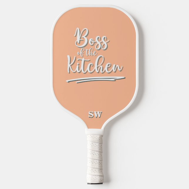 Funny Boss of the Kitchen Peach White Pickleball Paddle (Front)