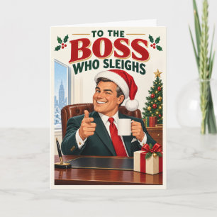 Funny Boss Who Sleighs Retro Christmas Card