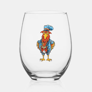 Funny Bossy Cartoon Rooster Stemless Wine Glass