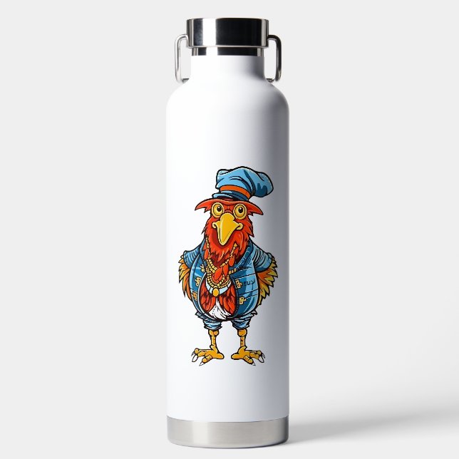 Funny Bossy Cartoon Rooster Water Bottle (Front)