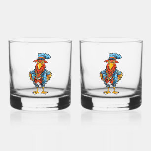 Funny Bossy Cartoon Rooster Whiskey Glass