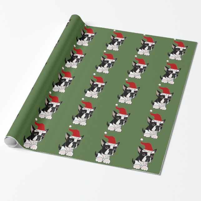 Funny Boston Terrier Christmas Art Wrapping Paper (Unrolled)