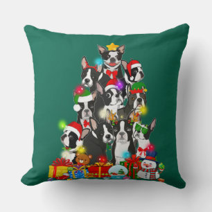 Funny Boston Terrier Christmas Tree Lights Puppy Cushion