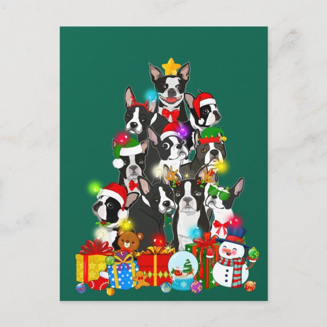 Funny Boston Terrier Christmas Tree Lights Puppy Postcard (Front)