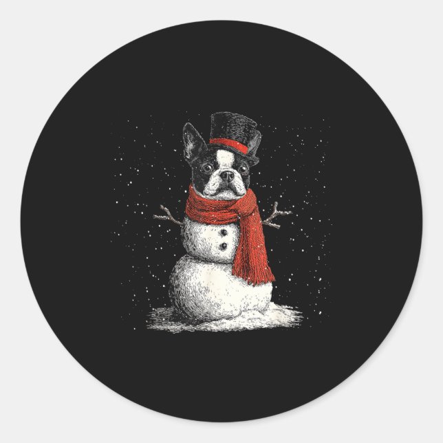 Funny Boston Terrier Dog Christmas Snowman Xmas Pa Classic Round Sticker (Front)