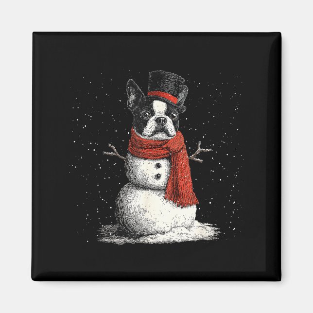 Funny Boston Terrier Dog Christmas Snowman Xmas Pa Magnet (Front)