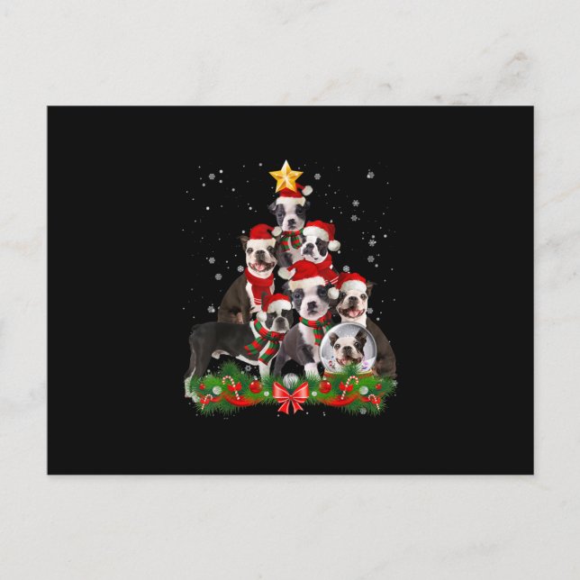 Funny Boston Terrier Dog Christmas Tree Gift Announcement Postcard (Front)