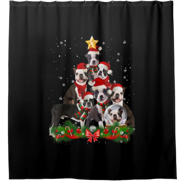 Funny Boston Terrier Dog Christmas Tree Gift Shower Curtain (Front)