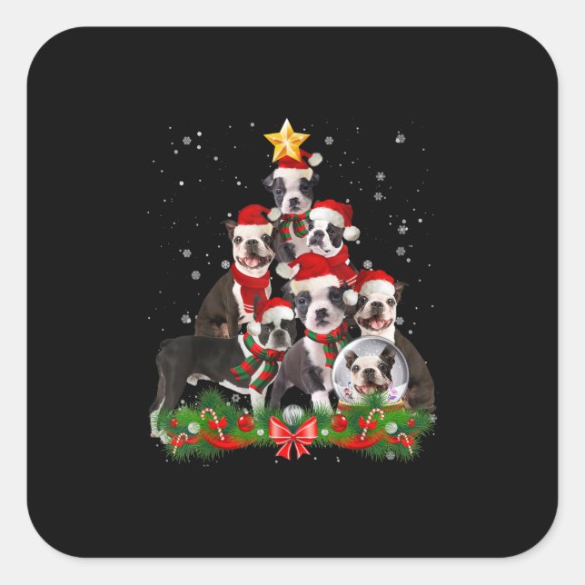 Funny Boston Terrier Dog Christmas Tree Gift Square Sticker (Front)