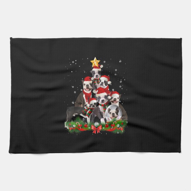 Funny Boston Terrier Dog Christmas Tree Gift Tea Towel (Horizontal)