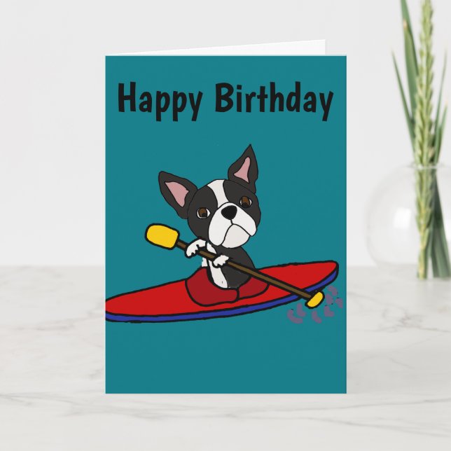 Funny Boston Terrier Dog Kayaking Cartoon Card (Front)