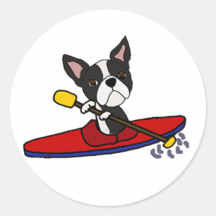 Funny Boston Terrier Dog Kayaking Cartoon Classic Round Sticker