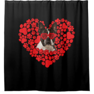 Funny Boston Terrier Dog Paw Heart Valentine Day Shower Curtain