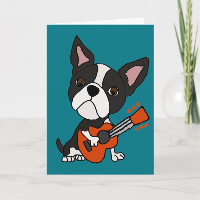 Funny Boston Terrier Dog Playing Guitar Art Card (Front)