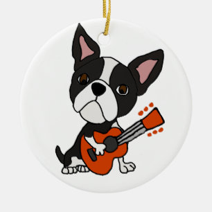 Funny Boston Terrier Dog Playing Guitar Art Ceramic Tree Decoration