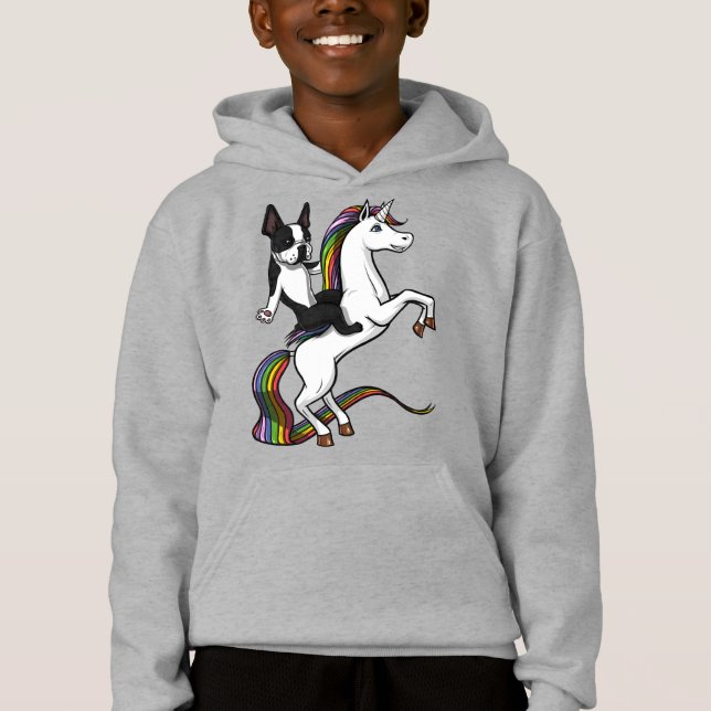 Funny Boston Terrier Dog Riding Unicorn (Front)