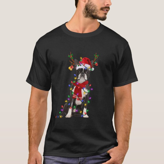 Funny Boston Terrier Dog Tree Christmas Lights Xma T-Shirt (Front)