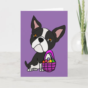 Funny Boston Terrier Dog with Easter Basket Holiday Card