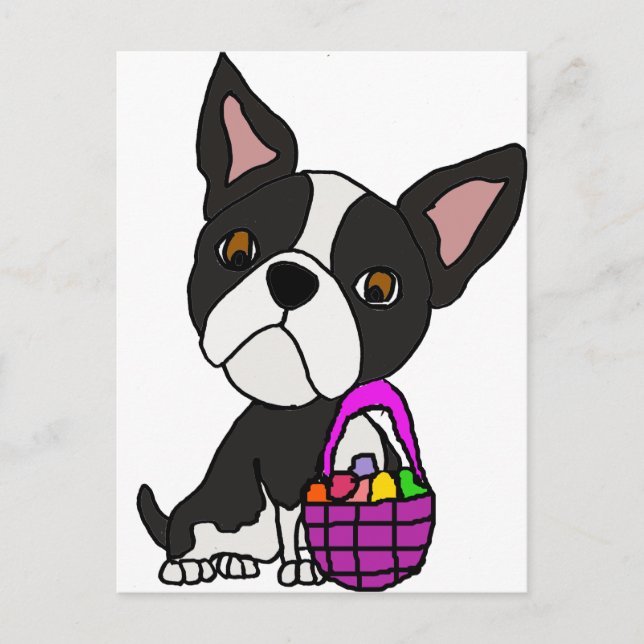 Funny Boston Terrier Dog with Easter Basket Holiday Postcard (Front)