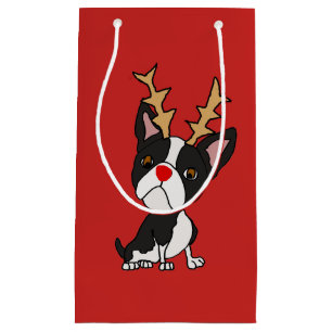 Funny Boston Terrier Dog with Reindeer Antlers Small Gift Bag