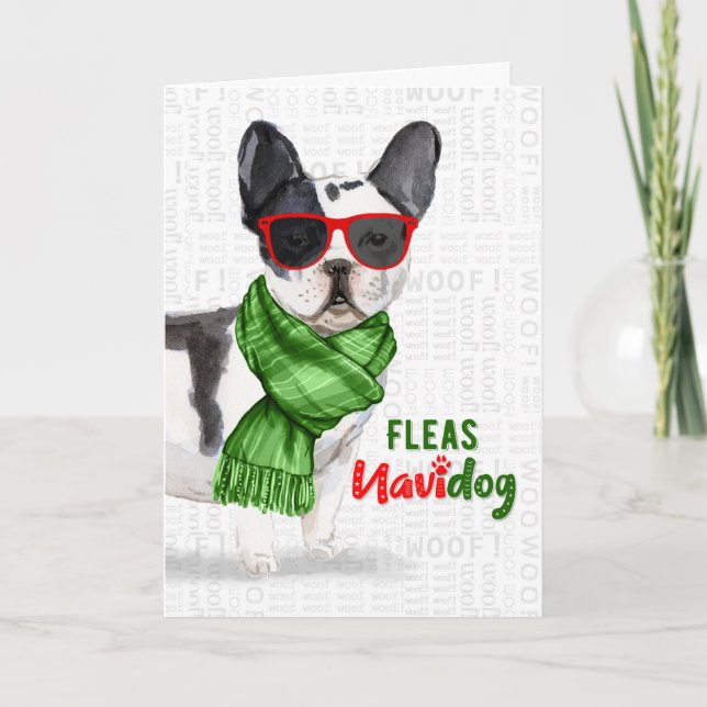 Funny Boston Terrier Fleas NaviDOG Christmas Holiday Card (Front)