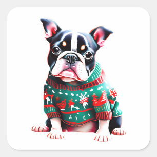 Funny Boston Terrier in Christmas Sweater Square Sticker