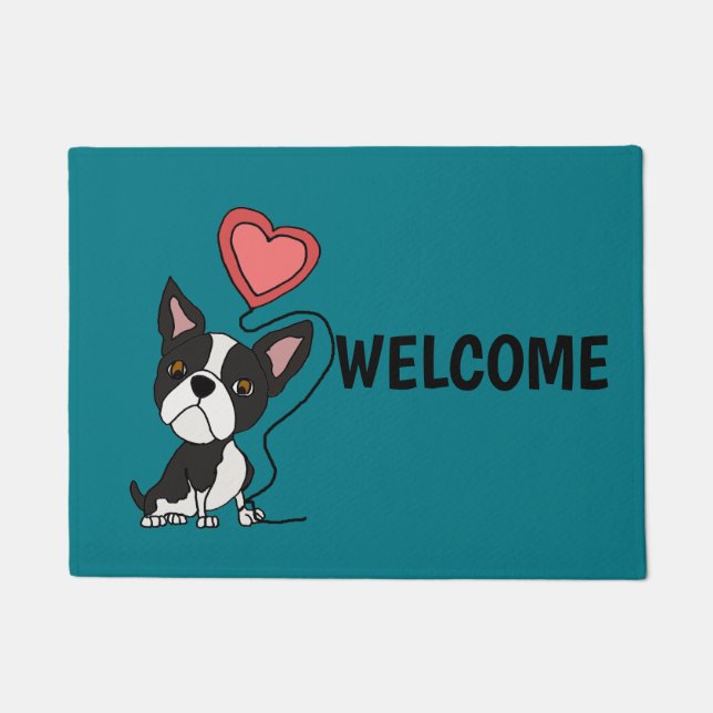 Funny Boston Terrier Love Cartoon Doormat (Front)