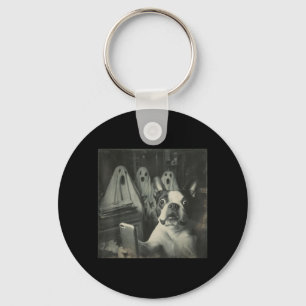 Funny Boston Terrier Selfie With Ghosts Halloween Key Ring