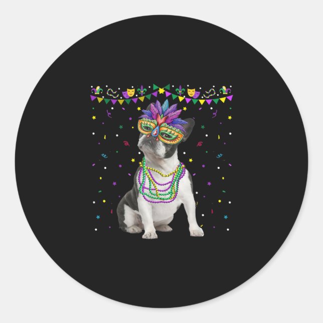 Funny Boston Terrier Wearing Carnival Mask Mardi Classic Round Sticker (Front)