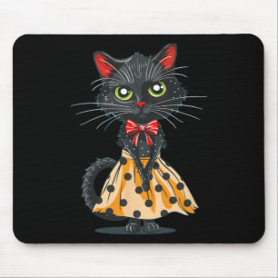 Funny Bow Cat In Polka Dot Dress Mouse Mat