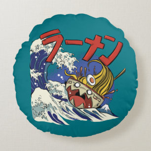 Funny Bowl of Ramen during an ocean storm Round Cushion