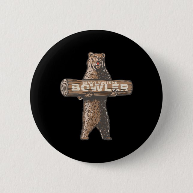 Funny Bowling Bowler Bear-y Awesome Saying  6 Cm Round Badge (Front)