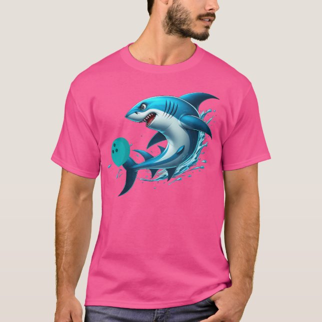 Funny Bowling Bowling Shark Playing Bowling T-Shirt (Front)