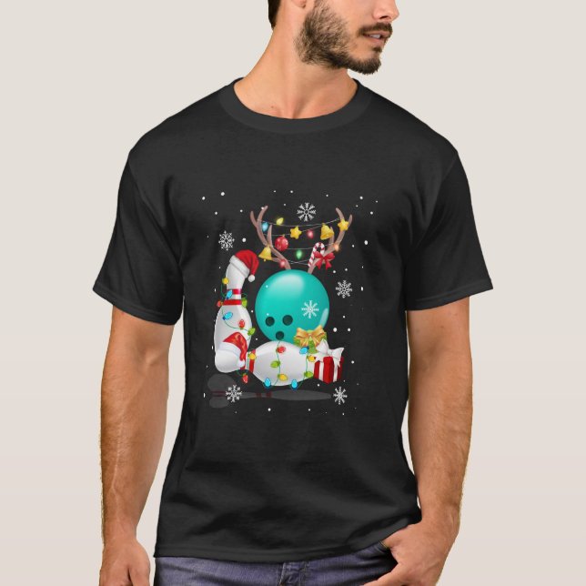 Funny Bowling Christmas Santa Hat Xmas Lights Long T-Shirt (Front)