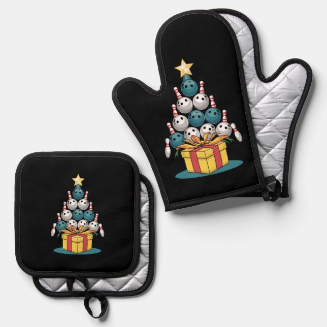 Funny Bowling Christmas Tree Lights Xmas Gifts  Oven Mitt & Pot Holder Set (Front/Back)