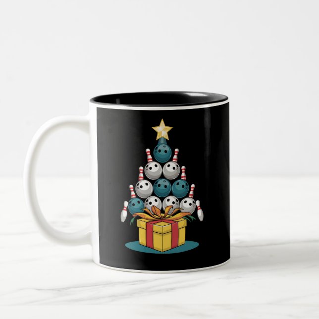 Funny Bowling Christmas Tree Lights Xmas Gifts  Two-Tone Coffee Mug (Left)