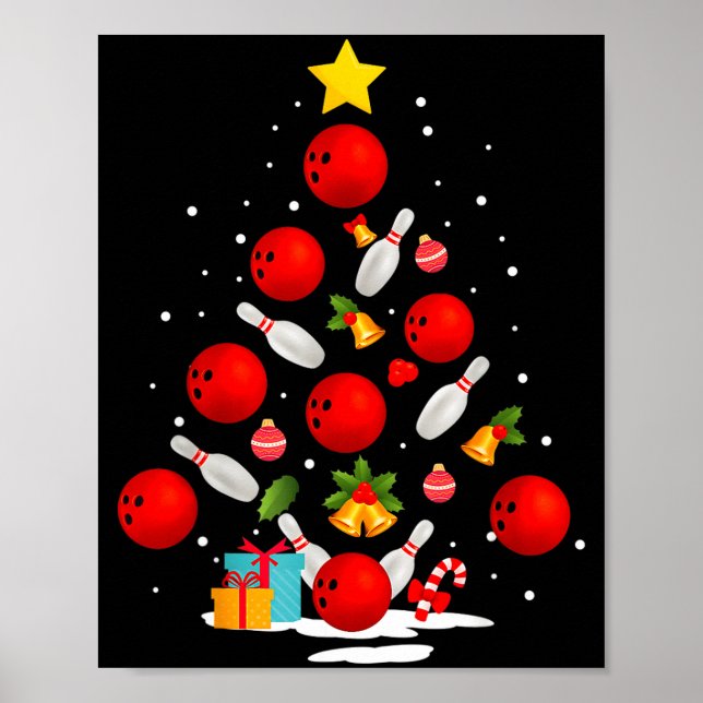 Funny Bowling Christmas Tree Lights Xmas Men Women Poster (Front)