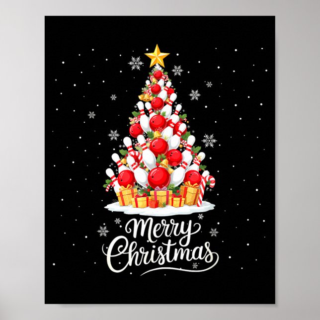 Funny Bowling Christmas Tree Lights Xmas Men Women Poster (Front)
