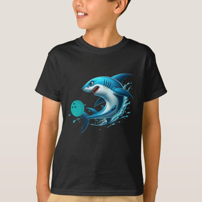 Funny Bowling Graphic Bowling Shark Playing Bowlin T-Shirt (Front)