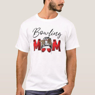 Funny Bowling Mum Life Sport Mum Leopard Messy Bun T-Shirt