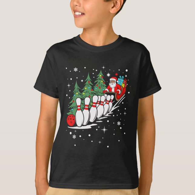 Funny Bowling Player Xmas Lights Santa Bowling Chr T-Shirt (Front)