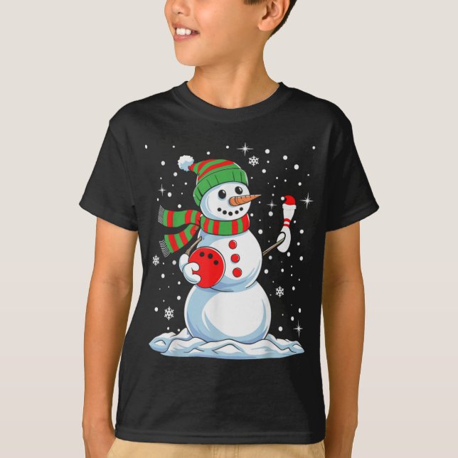 Funny Bowling Player Xmas Lights Snow Bowling Chri T-Shirt (Front)