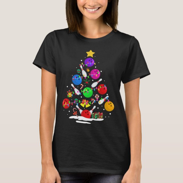 Funny Bowling Ugly Christmas Tree Lights Xmas For  T-Shirt (Front)