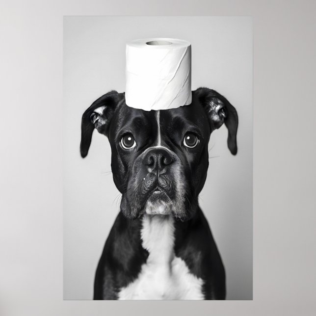 Funny Boxer Dog Bathroom Print, Toilet Paper Roll Poster (Front)