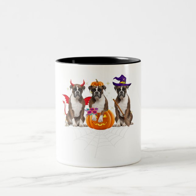 Funny Boxer Halloween Dog Lover Pumpkin Spider Web Two-Tone Coffee Mug (Center)