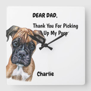 Funny Boxer Puppy Dog Dad Watercolor Canine Art Square Wall Clock