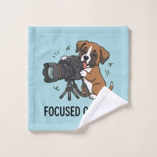 Funny Boxer Puppy Photographer Cute Camera Blue Wash Cloth
