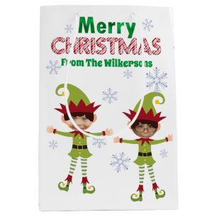 Funny Boy Elves Custom Kids Photos Merry Christmas Medium Gift Bag